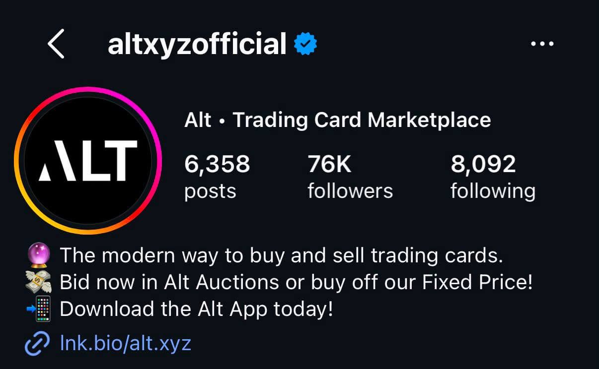 Screenshot of the verified ALT Trading Card Marketplace Instagram profile