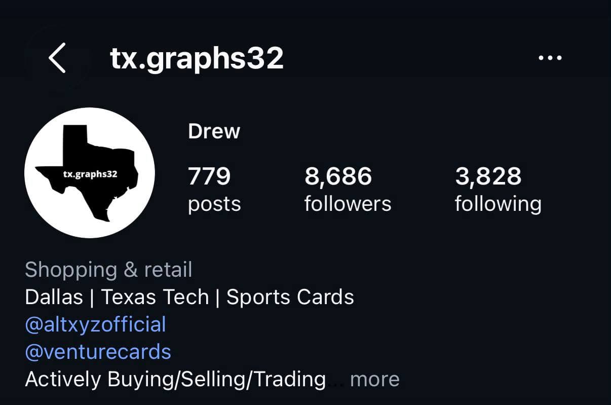 Screenshot of Drew's Instagram profile @tx.graphs32 listing affiliations with @altxyzofficial and @venturecards