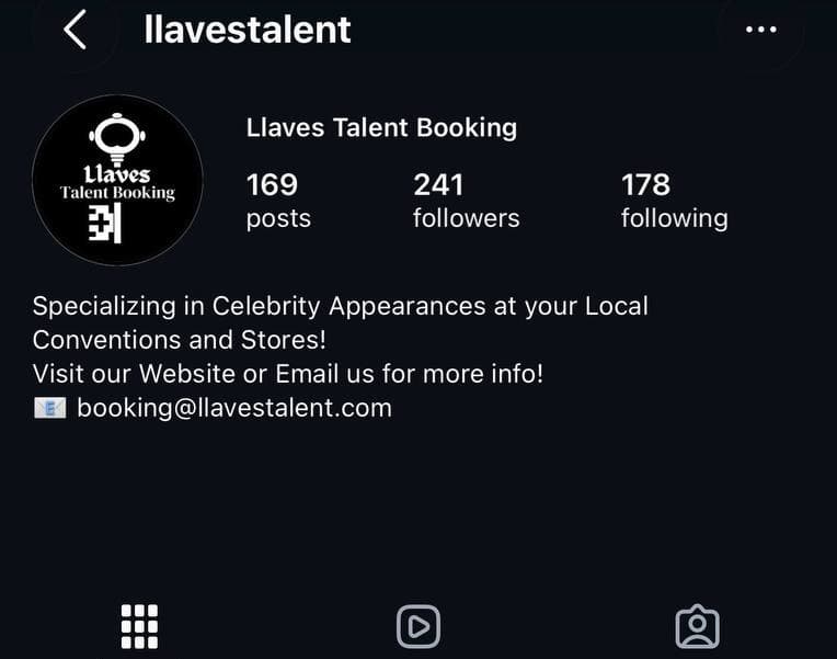 Screenshot of the Llaves Talent Booking Instagram profile